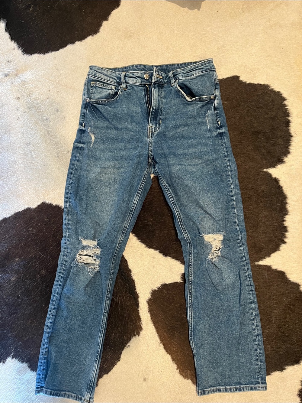 H&M Distressed Straight Leg Jeans in Medium Blue